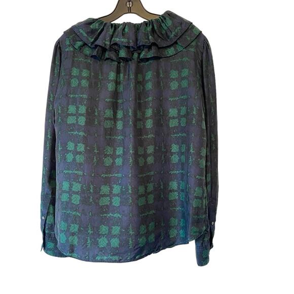 J. Crew Collection Sueded Silk Plaid Ruffle Collar Green Blue Plaid Blouse Large - Picture 5 of 8